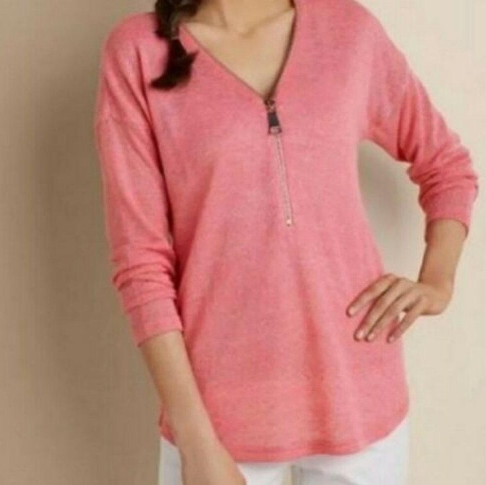 Soft Surroundings Valentina Blush Pink 3/4 Zip Front V-neck Sweater XSmall